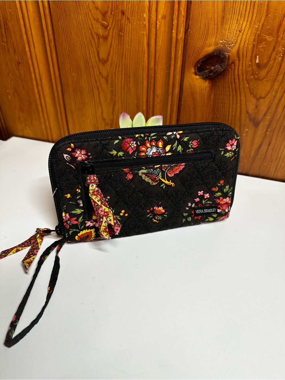 Vera Bradley Black Floral Zip Wristlet with Multicolor Accents